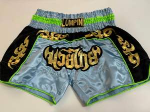 Ram Lumpini Satin Muay Thai Fight Shorts Light Blue with Black and Neon Green Detail Extra Large