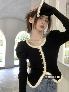 Black Irregular Bubble Sleeve Knitted Sweater Womens Winter Base Shirt Fragrance Style Slim Fit Top Medium Softness Long Sleeve