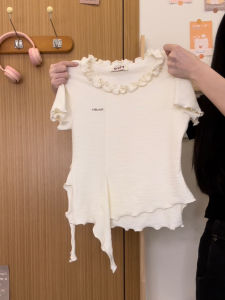 Áo Thun Tay Ngắn Viền Nấm Sữa Thiết Kế Khoét Sâu Cho Nữ Mùa Hè Ngọt Ngào Phong Cách Nhật Bản Tay Ngắn Ngắn