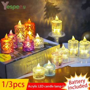 YESPERY 1/3pcs Flameless Tea Lights Simulation Acrylic Transparent Candles Battery Operated Romantic Wedding Birthday Christmas Party Home Decoration