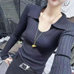 Korean Style Polo Collar Striped Long Sleeve Knitted Sweater Womens Slim Fit Fashionable Autumn New Arrival Top Trendy