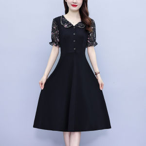 Impression Fashion Store Women Elegant Chiffon Floral Patchwork Short Sleeve High Waist A-line Pleated Swing Midi Plus Size Dress