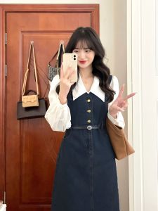 หวาน สไตล์เกาหลี กางเกงยีนส์ ชุดเอี๊ยม เดรส ชุด พรางหุ่น เอว แขนยาวปรับได้ ปกเสื้อเชิ้ต ทรงเอ Midi เดรส สําหรับนักเรียนหญิง