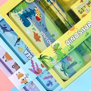 Adorable Cartoon Stationery Sets - 9 Designs Packed with Essential Tools: Pencils Crayons Ruler Eraser Sharpener and Metal Case!