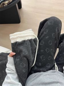 Black Cartoon Cat Kaftan Pants Womens Spring Autumn Winter Lazy Sweatpants Sports Wide Leg Casual Flower KT Pants