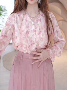 SHUAIYUE | Áo Blouse Chiffon Hoa Cổ V Đỏ Nhạt Tay Dài