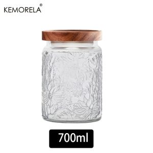 KEMORELA 1PC 700ml/1000ml Vintage Glass Storage Jar with Airtight Wooden Lid - Perfect for Tea Coffee Sugar Candy Cookies Spices