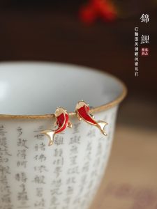 Elegant Pure Silver Red Fish Stud Earrings Chinese Ancient Style Womens Fashion Jewelry  out 3D Craft Bear/Pig/Animal