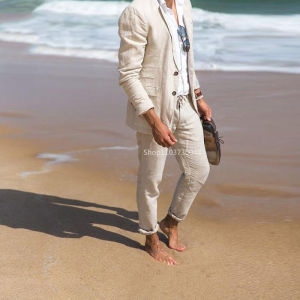 Casual Beige Linen Men Suits Notch Lapel Slim Fit Two Buttons Blazer Pants Groom Tuxedos Wedding Summer Beach 2 Piece Suits Sets