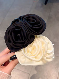 French Vintage Satin Rose Claw Clip Large Size Shark Tail Clip Elegant High-End Feeling Hair Accessories Back of Head