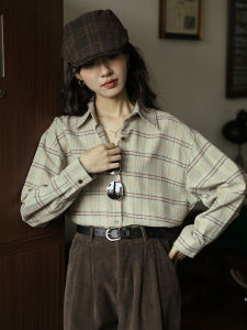 Blush Color Plaid Long Sleeve Flocking Womens Shirt Vintage Style Loose Fit Button Detail Cotton Blend Fashionable Top