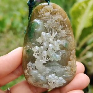 Hugh Rare High-Quality Brown with Light Green Natural Type A Jadeite Jade crafted with Sceneries as Pendant certificate weighs 67.2 * 43.3 * 19.3 mm (pendant266)