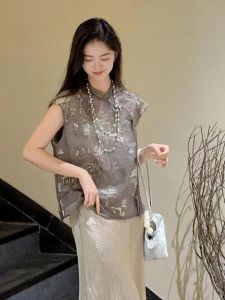 Elegant Grey Sleeveless Shirt New Chinese Style Womens Fashion Summer Small Size Unique Personality Special Sale Shirt