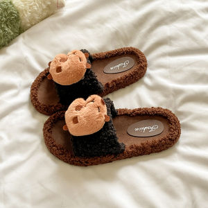 รองเท้าแตะขนแกะน่ารักสำหรับผู้หญิงในร่มและกลางแจ้งในฤดูหนาว รองเท้าแตะผ้าฝ้ายกันลื่นกันกลิ่นสำหรับผู้หญิง