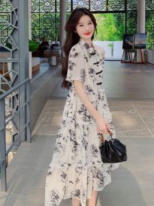 Elegant Chinese Style Watercolor Print Shirt Dress Womens Summer Slimming Floral Midi Dress Fashionable Commute Wear