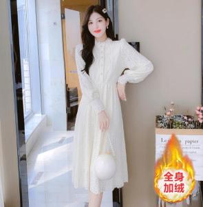 Korean Style High Waist Midi Lace Dress Womens Base Shirt Spring Autumn New Style Commute Button Splice Doll Dress