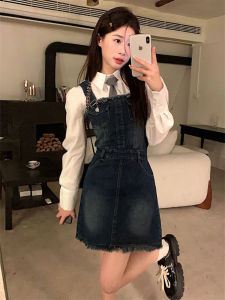 สาวเผ็ดย้อนยุคล้าง เดนิม ชุดเอี๊ยม เดรส ผู้หญิง ฤดูใบไม้ร่วง ฤดูหนาว ใหม่ หวาน เอวเผ็ด พรางหุ่น กระโปรงสั้น เดรส