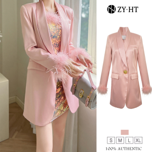 ZYHT เสื้อแจ็กเก็ตสตรีเสื้อเบลเซอร์สีชมพูผ้าซาตินเสื้อสูทชายเสื้อเบลเซอร์แขนยาว20932