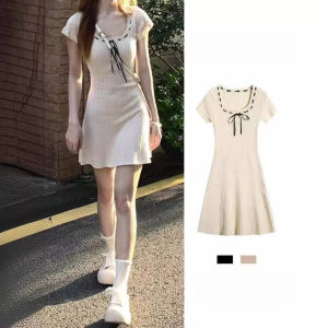 ชุดเดรสไหมน้ำแข็งถักสีเข้มสำหรับผู้หญิง สไตล์หวานๆ ไซส์เล็ก กระโปรงสั้นทรงเข้ารูป แขนสั้น ฤดูร้อน 2024 ผ้าโพลีเอสเตอร์