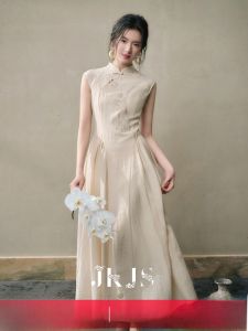 JK&JS | New Chinese Style Long Dress Womens Summer High Waist Silk Linen Gown Unique Design Embroidered A-Line Qipao Skirt