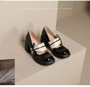White Leather High Heels Mary Janes Thick Bottom Soft Style Womens Spring Autumn French Vintage Shoes round Toe Rubber Sole