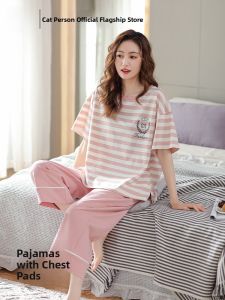 MiiOW | Pure Cotton Summer Sleepwear Womens Style Thin Short Sleeve Seven-Piece Pants Home Clothes Set With Chest Pad Integrated