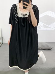 Summer Womens plus Size Ice Silk French Style Sleepwear Short Sleeve Princess Style Dress Black Color Home Comfortable Nightgown