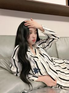 Elegant Ice Silk Sleepwear Womens Spring Autumn Plaid Set Home Clothes Long Sleeve Long Pants Comfortable Breathable Cool Feeling