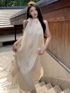 Gegejia French Style Socialite Style Loose Halterneck Gauze Embroider Dress Holiday Fairy Large Swing Dress Fashion