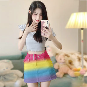 กระโปรงสั้นเอวสูงสวยหวานกระโปรงยีนส์สีรุ้งมัดย้อมออกแบบเองกระโปรงรัดสะโพกสำหรับฤดูร้อนกระโปรงทรงเอกระโปรงสำหรับผู้หญิงกระโปรงนิชแบรนด์