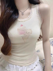 เสื้อกั๊กสายเดี่ยวลูกไม้รูปนางฟ้าสำหรับผู้หญิง แขนกุด ทรงสั้น ดีไซน์เก๋ไก๋ หวาน ใส่ในฤดูใบไม้ร่วง แฟชั่นสตรี