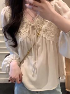 French Lace Chiffon Shirt V-neck Lantern Sleeve Womens Summer Sweet Girl Feeling Beautiful Small Shirt Commute Style Loose Fit