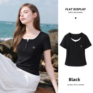 spao | Smog Blue Two-Piece Design Short Sleeve T-Shirt Half-Button Slimming