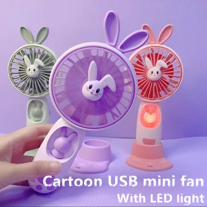 Cute Mini Hand - Held Rabbit LED Cartoon Fan with Bracket Phone Stand