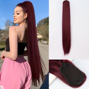 28-Inch Long Straight Ponytail Synthetic Extension for Women Drawstring Heat-Resistant Easy Styling FitHalloween Christmas