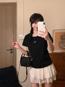 Elegant Embroidered Butterfly Knot Short Sleeve T-Shirt Womens Slim Fit Shoulder Length Casual Top Korean Style Summer Wear