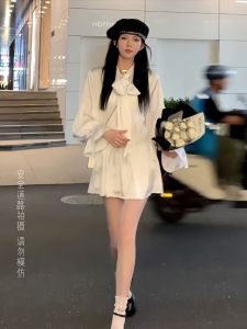 French Gentle Style Sweet White Shirt Dress Womens Spring Autumn New Butterfly Knot Sash Waist Cinching Short Skirt