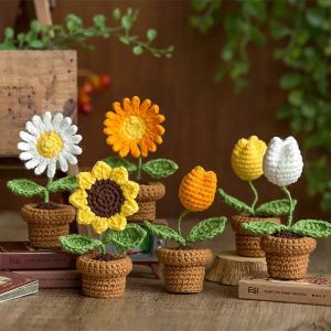 1PC DIY Hand Woven Crochet Mini Potted Tulips & Sunflowers Decorative Accessory for Office And Automotive Interior