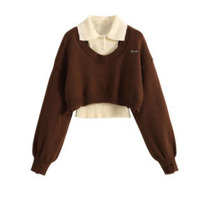 Laid-back Style Korean System Early Autumn New Set Knitted Polo Collar Top Sweater Two-Piece Set Commute Loose Fit Long Sleeve