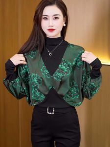 Early Autumn Womens T-shirt Fashionable Splice Slimming Outerwear Versatile Half High Collar Long Sleeve Loose Fit Top