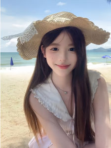 Elegant French Lace Butterfly Knot Wide Brim Woven Straw Hat Beach Vacation Sun Protection Womens Summer New Style Hat