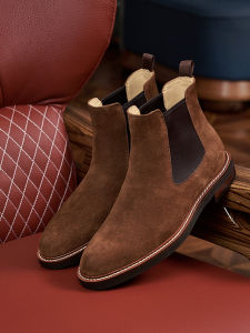 UNA Mens Chelsea Boots Breathable Suede Leather Winter Boot with Low Heel and Warm Footbed for Casual Business