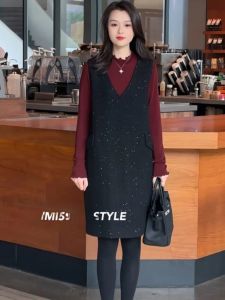Elegant Luxury V-neck Vest Dress Set Womens Autumn Winter New Style Base Shirt Dress Vest Dress Set Small Fragrance Style