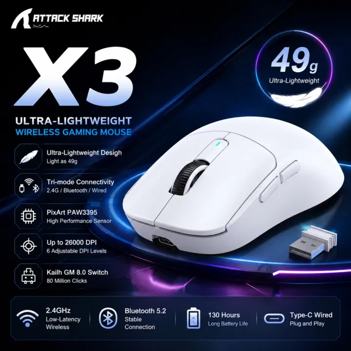 ATTACK SHARK X3 49g Ultralight Wireless Gaming Mouse | Tri-Mode, PAW3395 26K DPI Optical Sensor, Ergonomic, Programmable Buttons