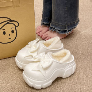 Bow Cotton Slippers Female Winter Wear Indoor Platform Height Increasing Heel Non Slip Waterproof Velvet Warm Ankle Wrap Cotton Shoes