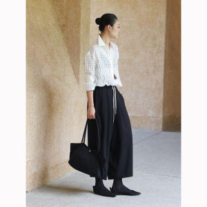 BOGUDU | Summer Casual Simple White Grid Long Sleeve Shirt Black Casual Trousers