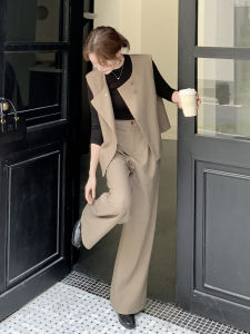 Khaki Colorful Autumn New Style Womens Fashion Set Wide Leg Pants Vest Two-Piece Set High Waist Pure Color Casual Wear