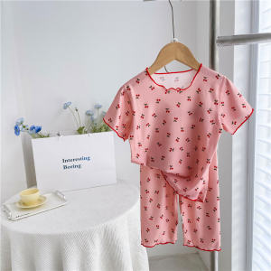 Ice Silk Short Sleeve Seven-Five Pants Sleepwear Set for Boys And Girls Childrens Air Conditioning Clothing Floral Print Home Clothes
