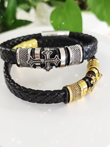 Local Shipping Cross-Shaped Leather Bracelet for Men Magnet Clasp Stainless Steel Wristband Cross