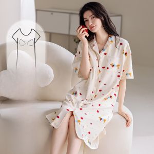 Miiow | Pure Cotton Cartoon Sleepwear Womens Summer Breathable Home Clothes Outdoor Wearable Mid-Length Sleep Dress Casual Style